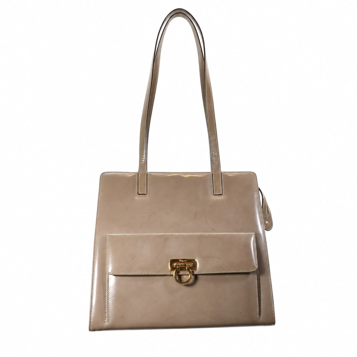 Salvatore Ferragamo Gancini Leather Shoulder Bag Handbag Purse Taupe Gold Hardware handbags auction on bidia.ai