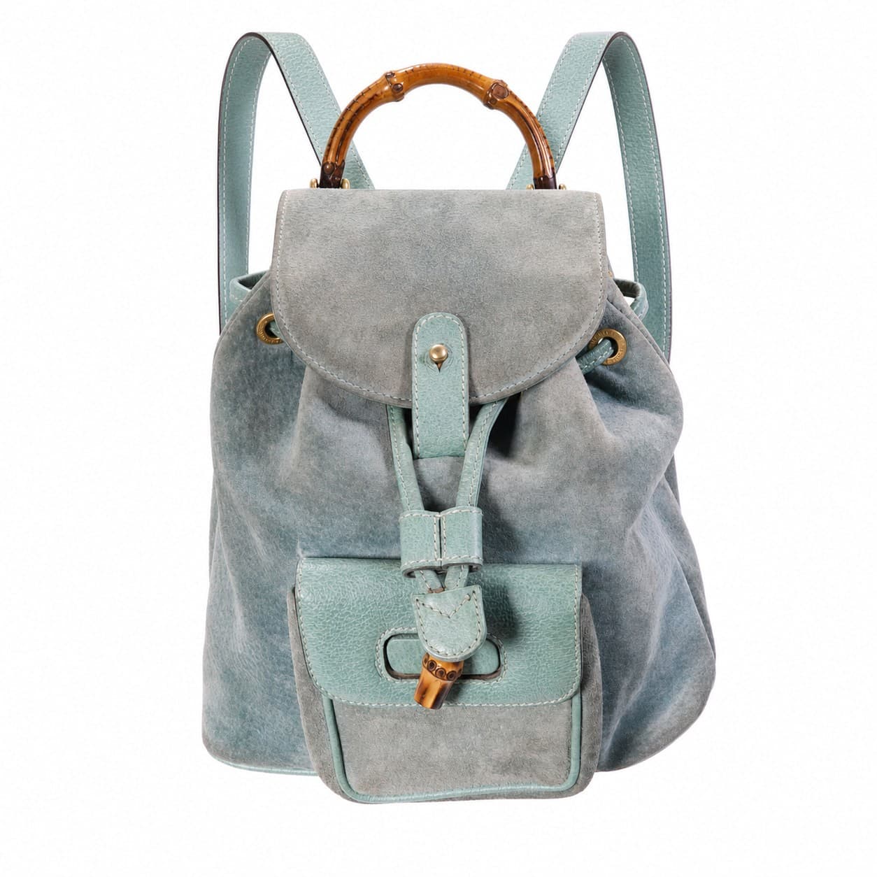 Gucci Bamboo Suede Leather Backpack Handbag Purse Bag Gray Green handbags auction on bidia.ai