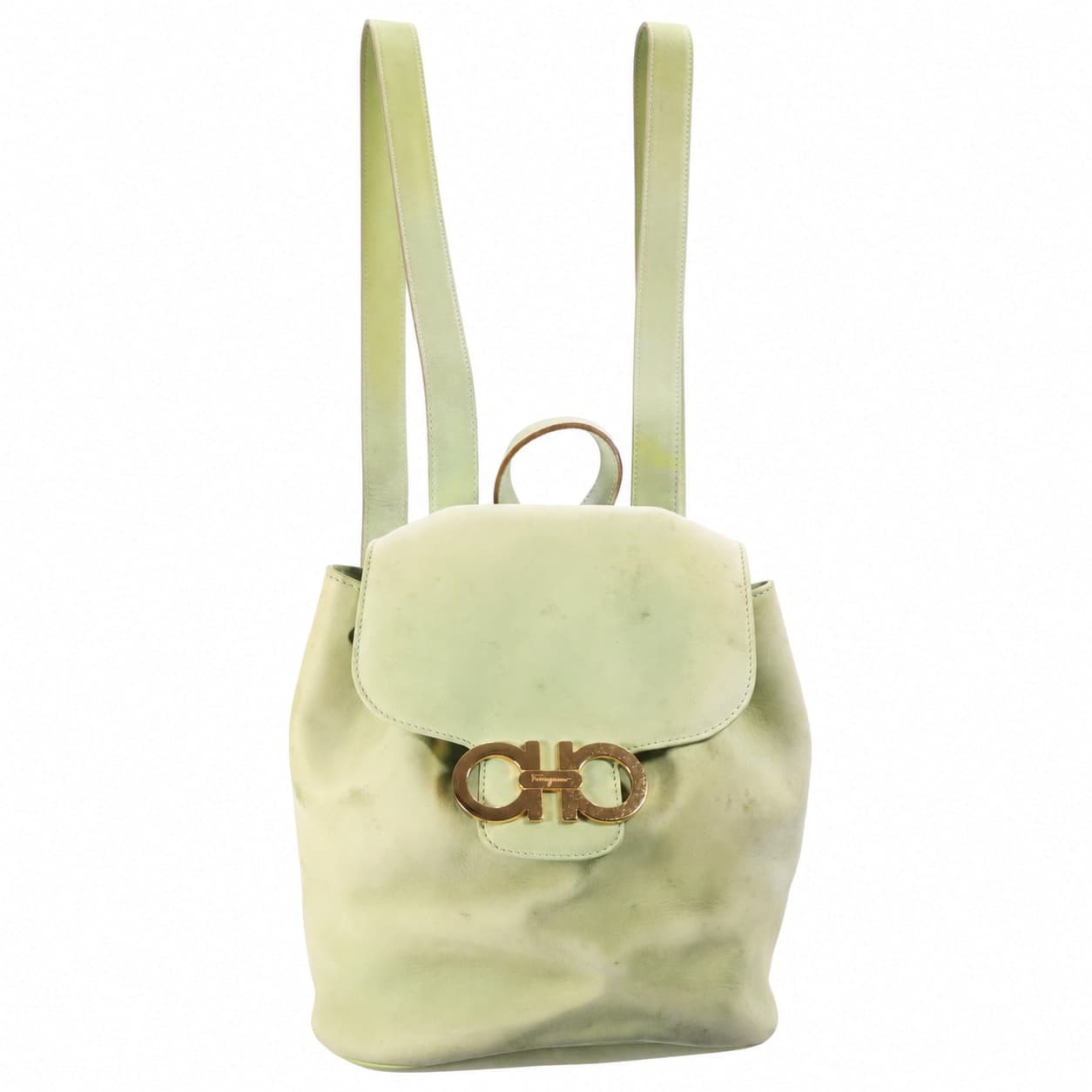 Salvatore Ferragamo Gancini Suede Leather Backpack Bag Purse Green Gold handbags auction on bidia.ai