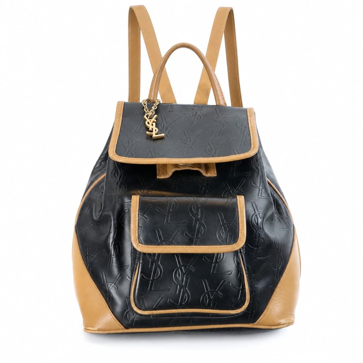 Yves Saint Laurent Embossed Monogram Leather Backpack Bag Black Tan Purse handbags auction on bidia.ai