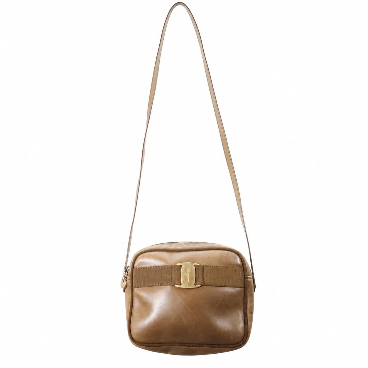 Salvatore Ferragamo Vara Bow Brown Leather Crossbody Camera Bag Purse Handbag handbags auction on bidia.ai