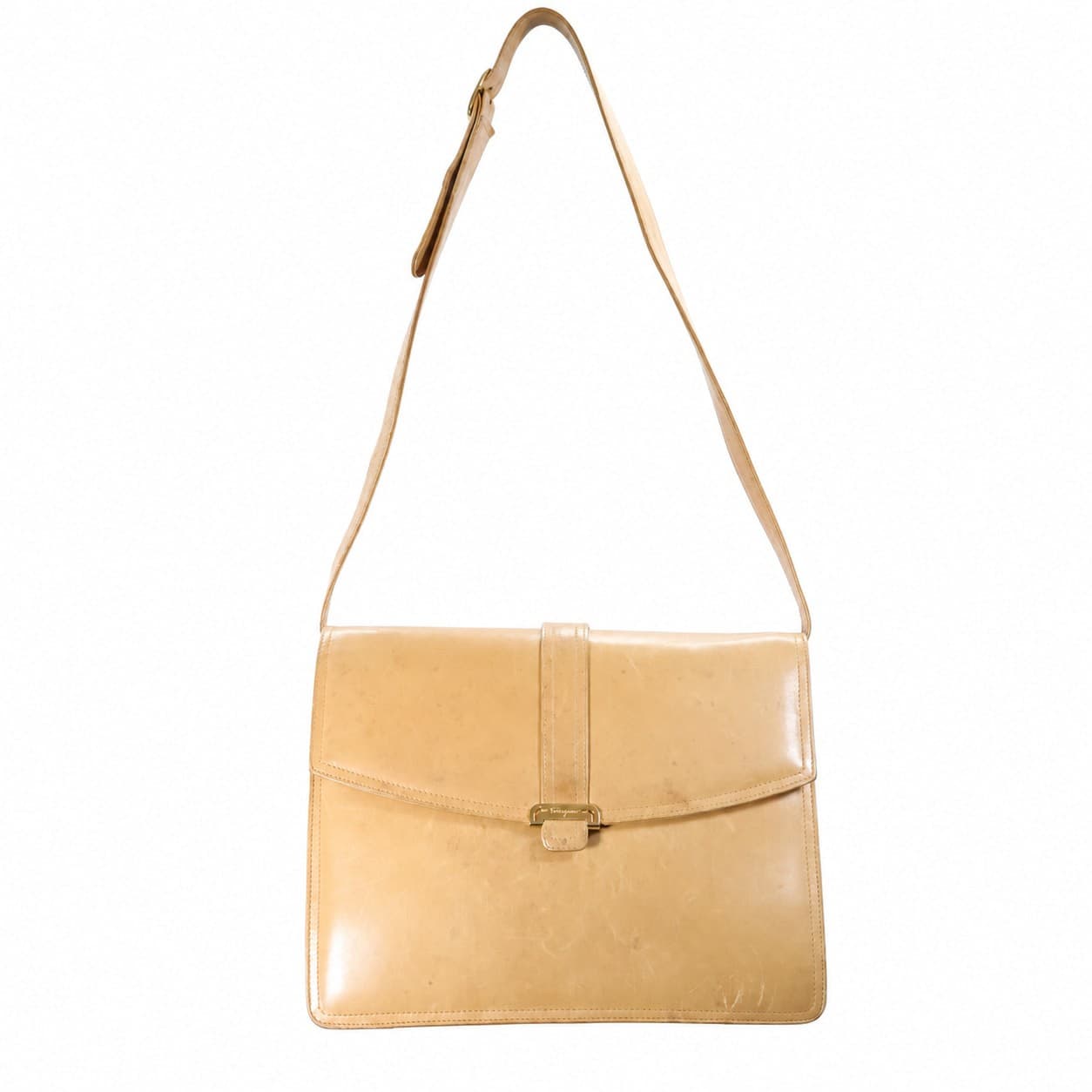 Salvatore Ferragamo Leather Shoulder Bag Crossbody Purse Handbag Beige Gold Hardware handbags auction on bidia.ai