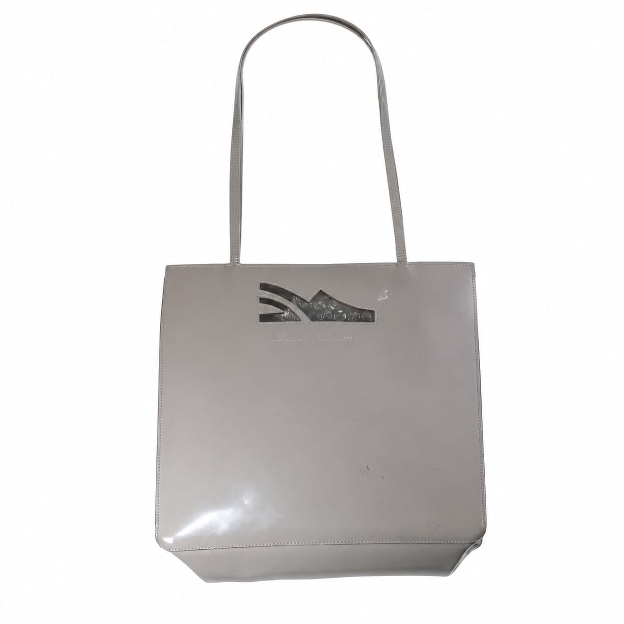 Salvatore Ferragamo Gancini Patent Leather Tote Bag Handbag Purse Taupe Gray handbags auction on bidia.ai