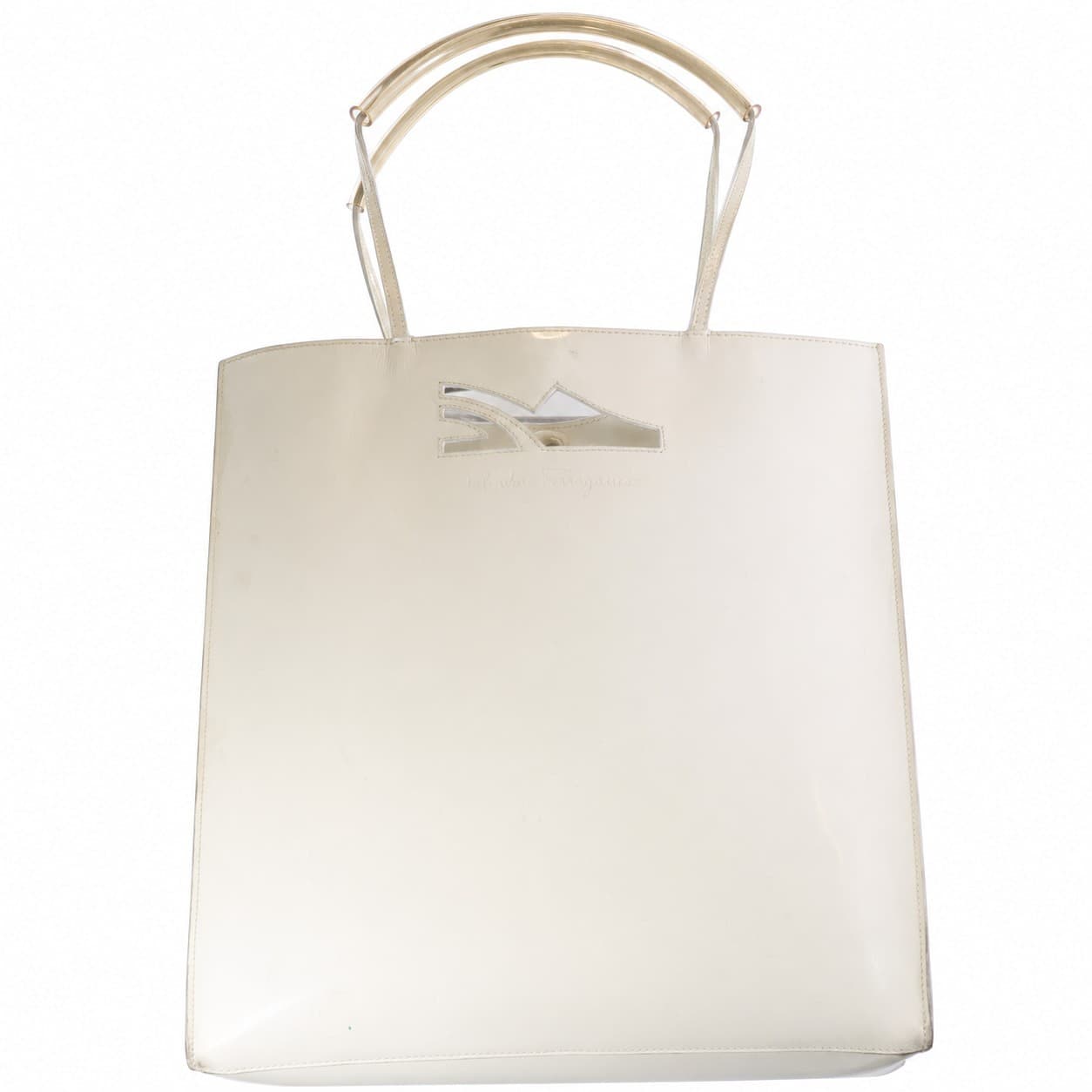 Salvatore Ferragamo Patent Leather Tote Handbag Purse Bag Ivory Shoulder Bag handbags auction on bidia.ai