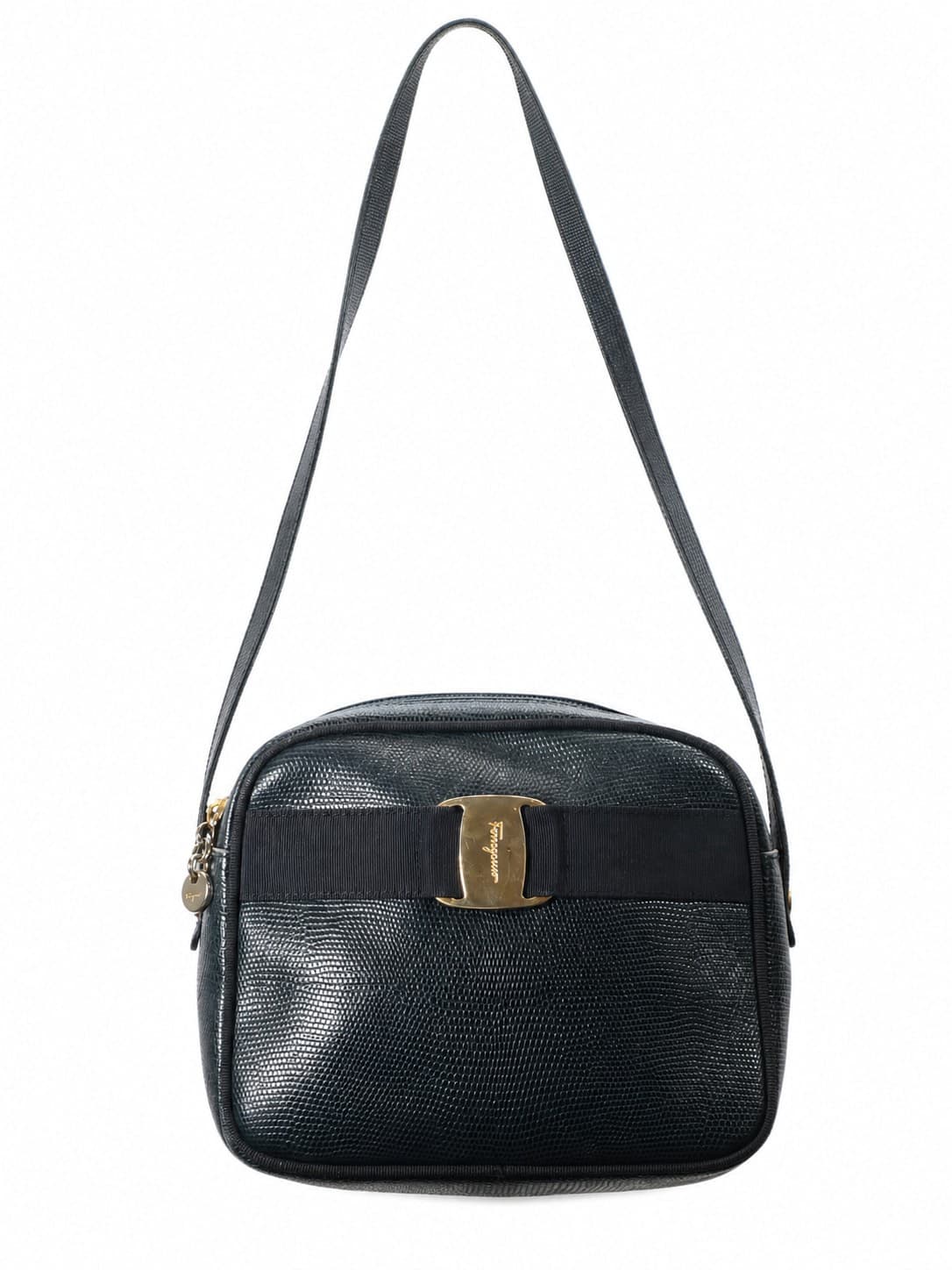 Salvatore Ferragamo Vara Bow Black Lizard Embossed Leather Crossbody Shoulder Bag Camera Bag Purse Handbag handbags auction on bidia.ai