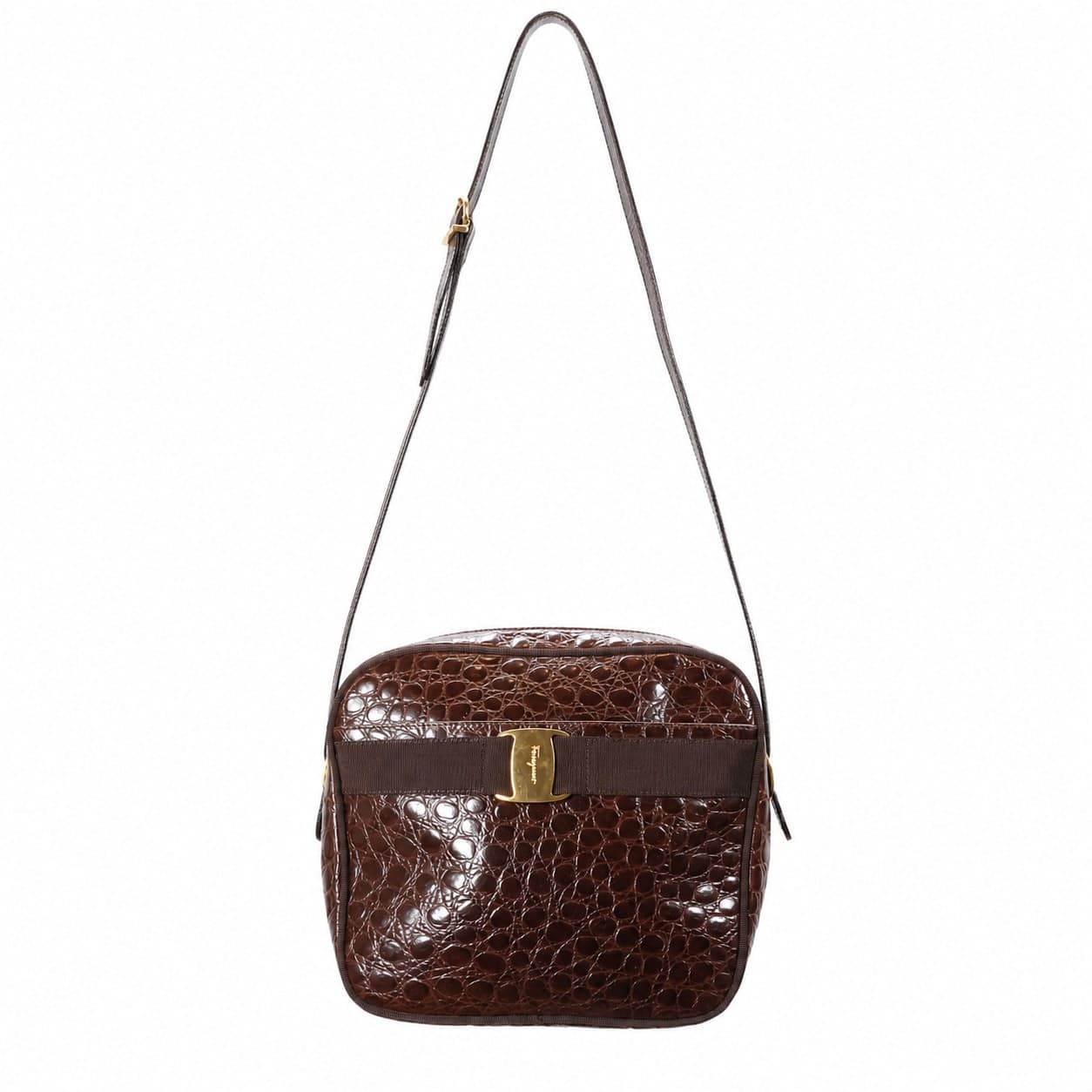 Salvatore Ferragamo Crocodile Embossed Leather Vara Bow Camera Crossbody Shoulder Bag Handbag Purse Brown handbags auction on bidia.ai