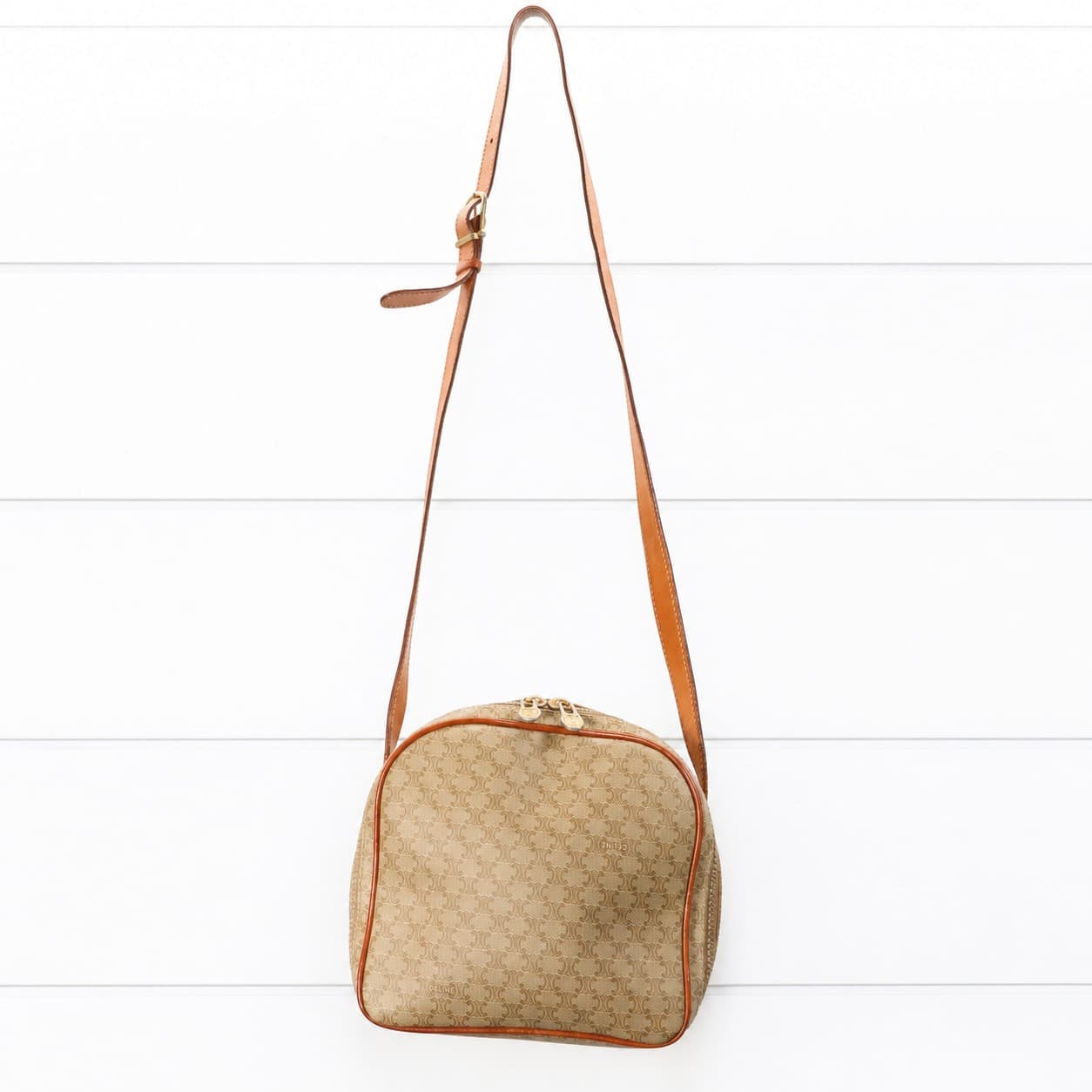 Céline Macadam Monogram Canvas Leather Crossbody Shoulder Bag Beige Brown handbags auction on bidia.ai