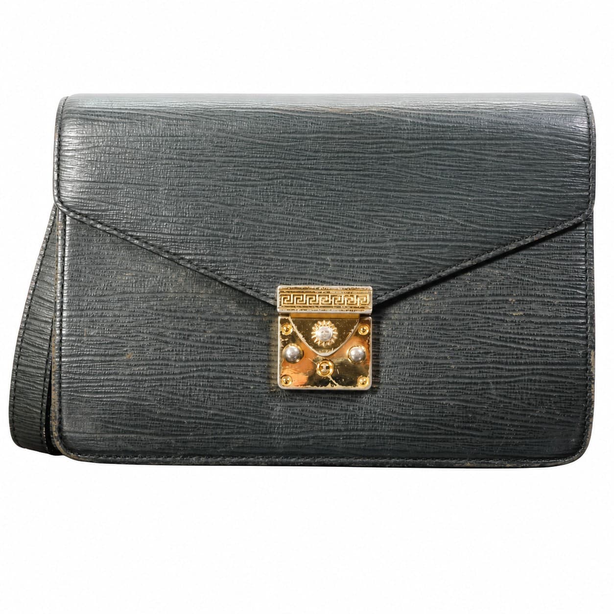 Versace Black Textured Leather Envelope Clutch Bag Purse Wristlet handbags auction on bidia.ai