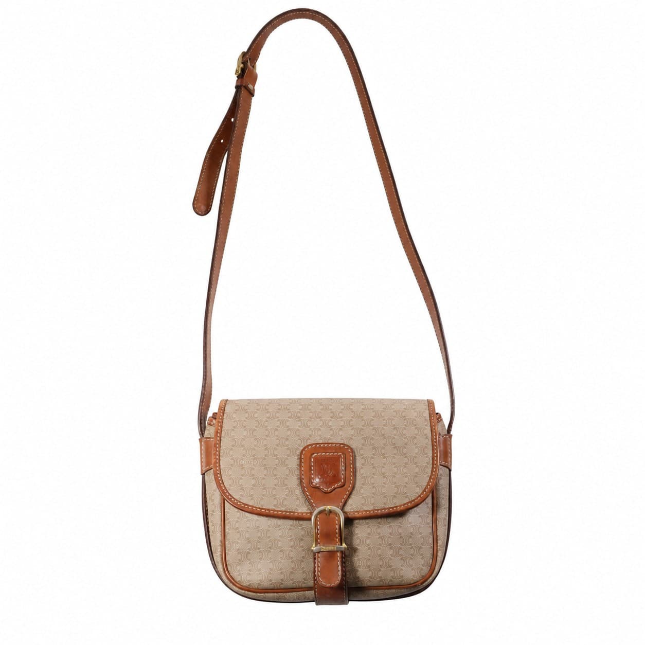 Céline Macadam Monogram Canvas Leather Crossbody Shoulder Bag Purse Beige handbags auction on bidia.ai