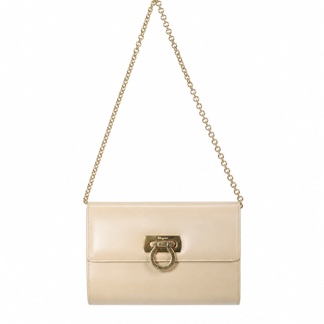 Salvatore Ferragamo Gancini Leather Beige Shoulder Bag Handbag Purse Chain Strap handbags auction on bidia.ai