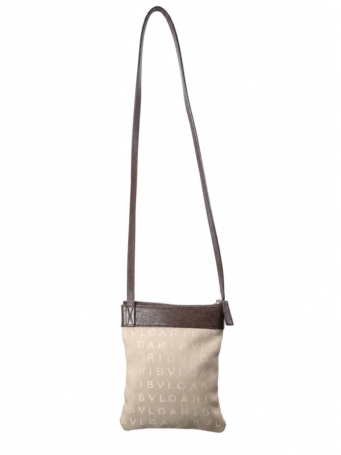 Bvlgari Logo Mania Canvas Leather Crossbody Shoulder Bag Handbag Purse Beige Brown handbags auction on bidia.ai