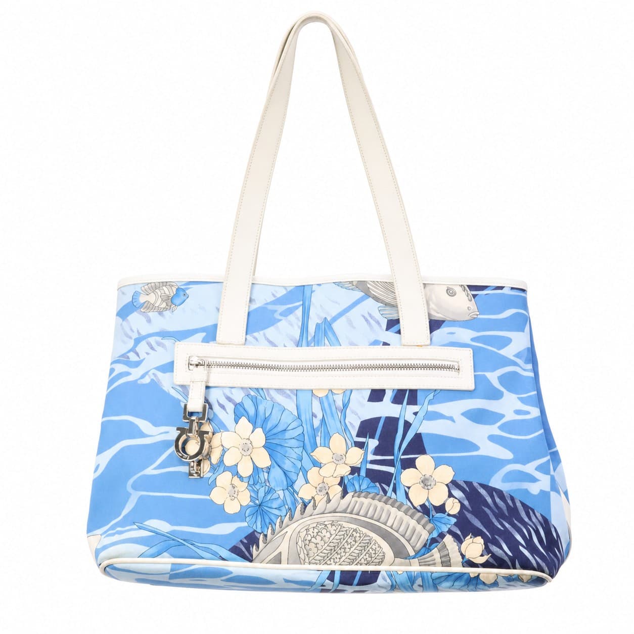 Salvatore Ferragamo Canvas Leather Tote Shoulder Bag Handbag Blue Floral Fish Print handbags auction on bidia.ai