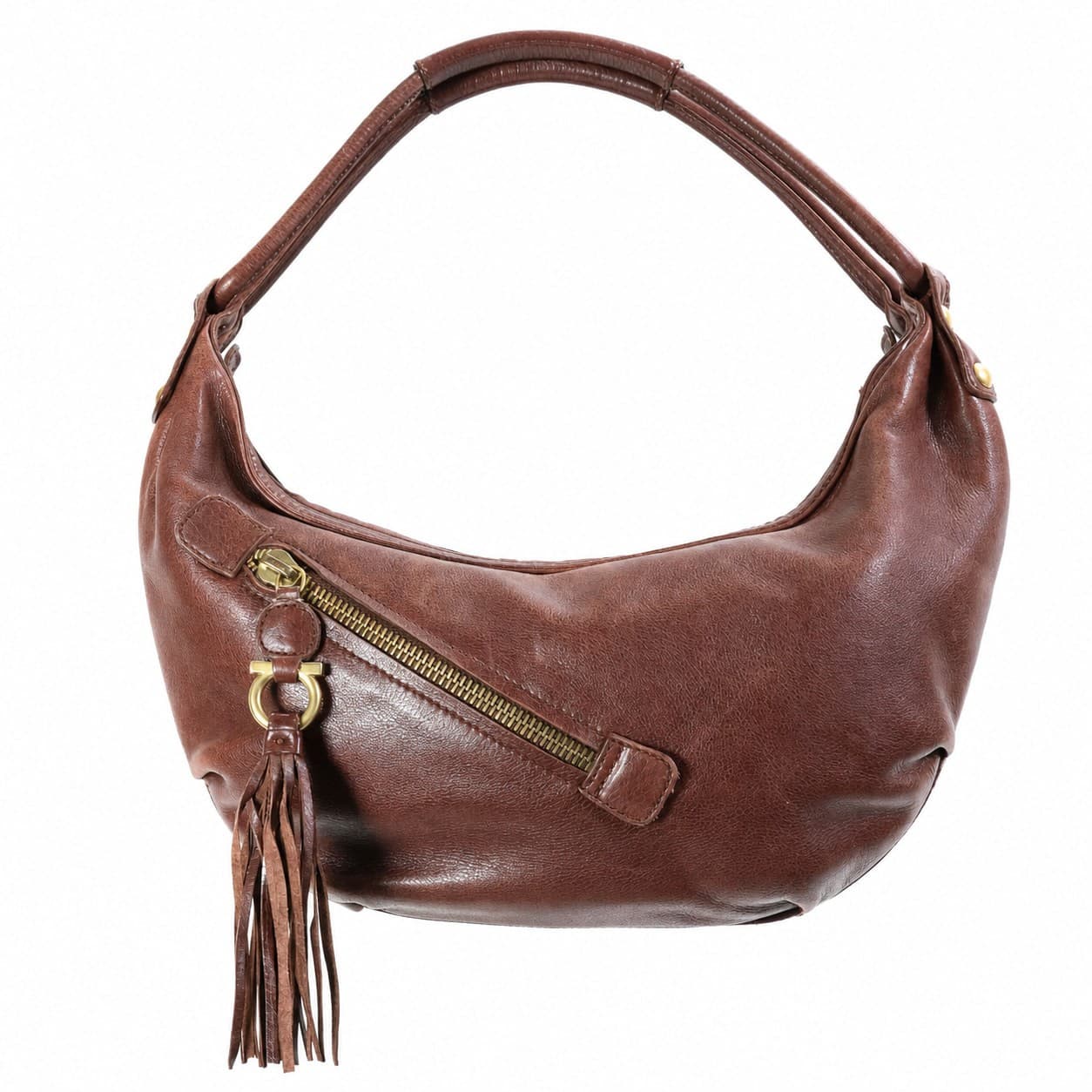 Salvatore Ferragamo Gancini Brown Leather Hobo Shoulder Bag Handbag Purse Tassel handbags auction on bidia.ai