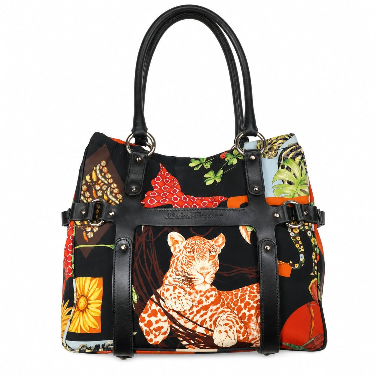 Salvatore Ferragamo Multicolor Print Canvas Leather Shoulder Bag Handbag Purse handbags auction on bidia.ai
