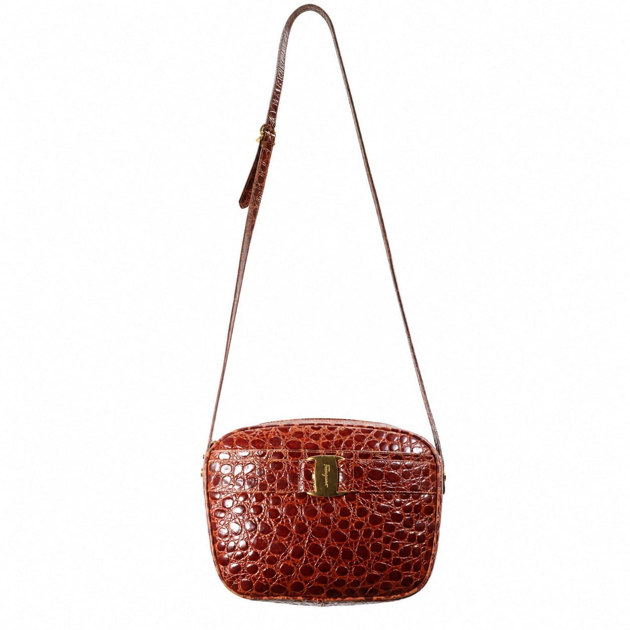 Salvatore Ferragamo Crocodile Embossed Leather Crossbody Shoulder Bag Camera Purse Cognac Brown handbags auction on bidia.ai