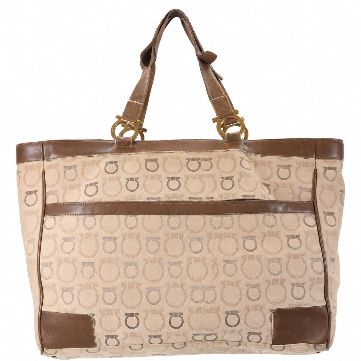 Salvatore Ferragamo Gancini Canvas Leather Tote Shoulder Bag Handbag Purse Beige Brown handbags auction on bidia.ai
