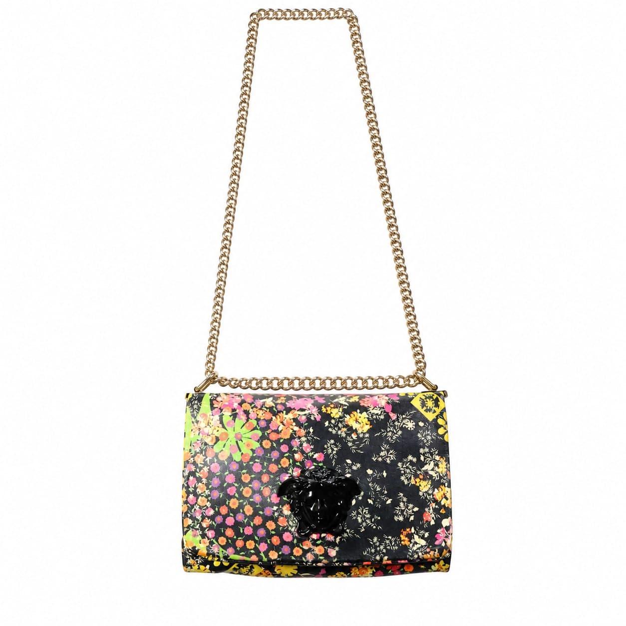 Versace Multicolor Floral Print Leather Shoulder Bag Crossbody Handbag Purse Medusa Chain handbags auction on bidia.ai