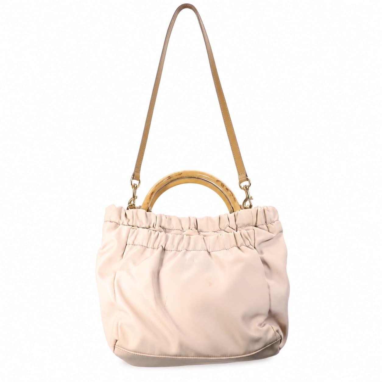 Salvatore Ferragamo Beige Nylon Canvas Gathered Handbag Purse Bag Shoulder Top Handle Patent handbags auction on bidia.ai