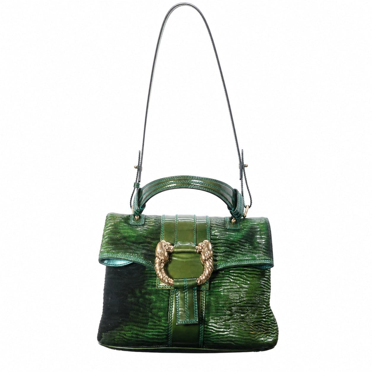 Bulgari Green Textured Patent Leather Handbag Purse Shoulder Bag handbags auction on bidia.ai