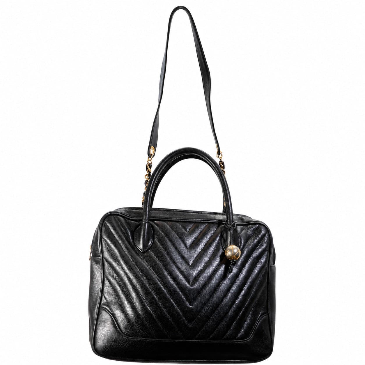 Chanel Chevron Quilted Black Leather Bowling Bag Handbag Purse Top Handle handbags auction on bidia.ai