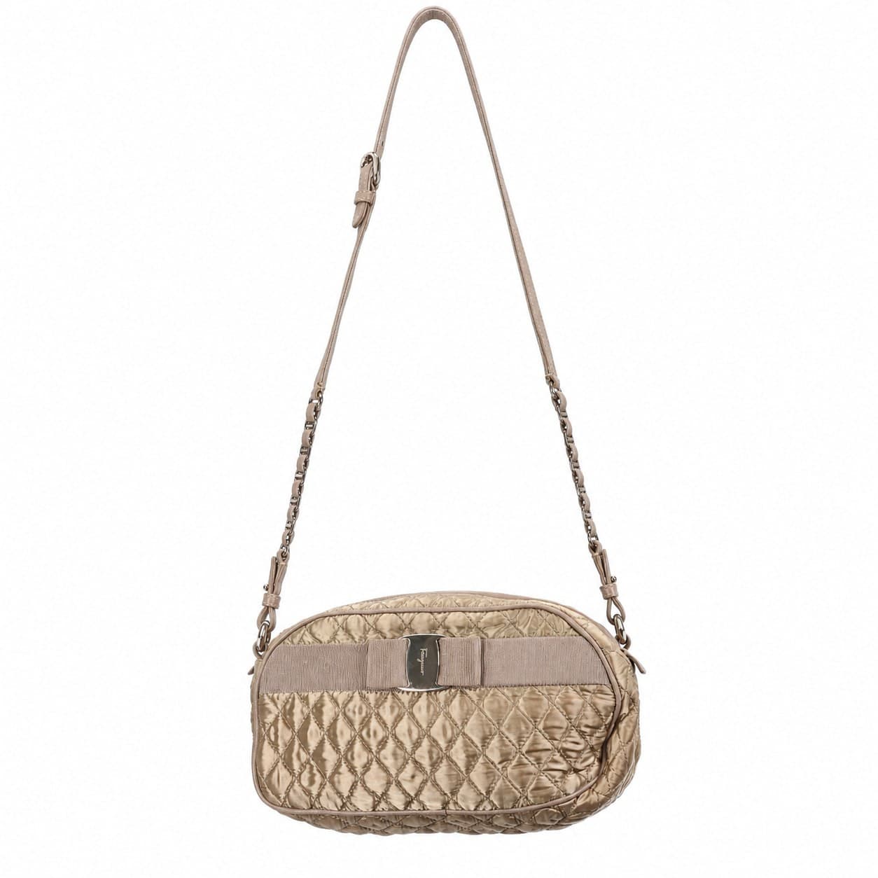 Salvatore Ferragamo Quilted Nylon Vara Bow Crossbody Shoulder Bag Handbag Purse Taupe handbags auction on bidia.ai