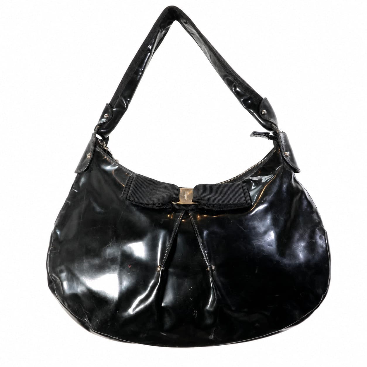 Salvatore Ferragamo Black Patent Leather Hobo Shoulder Bag Handbag Purse handbags auction on bidia.ai