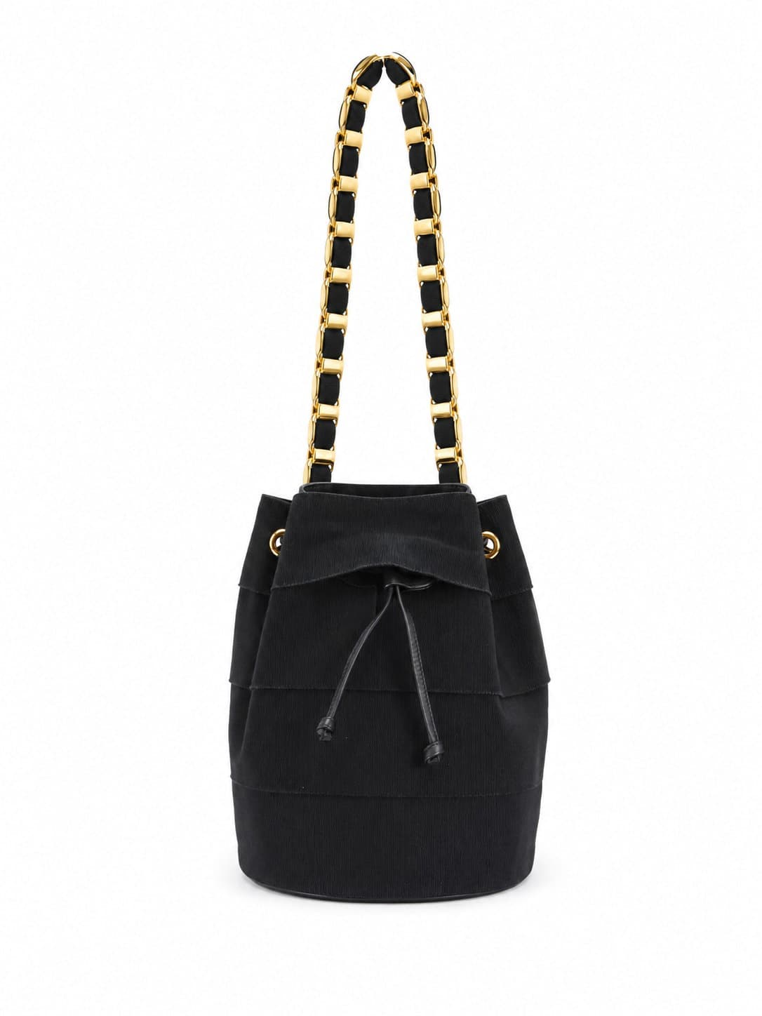 Salvatore Ferragamo Canvas Bucket Bag Drawstring Shoulder Bag Purse Black Gold Chain handbags auction on bidia.ai