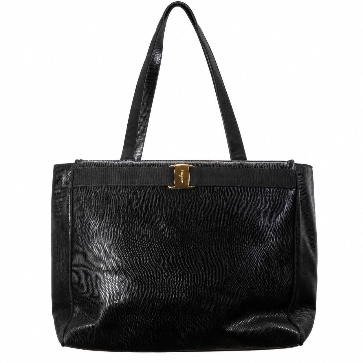 Salvatore Ferragamo Vara Bow Lizard Embossed Leather Black Tote Shoulder Bag Handbag Purse handbags auction on bidia.ai