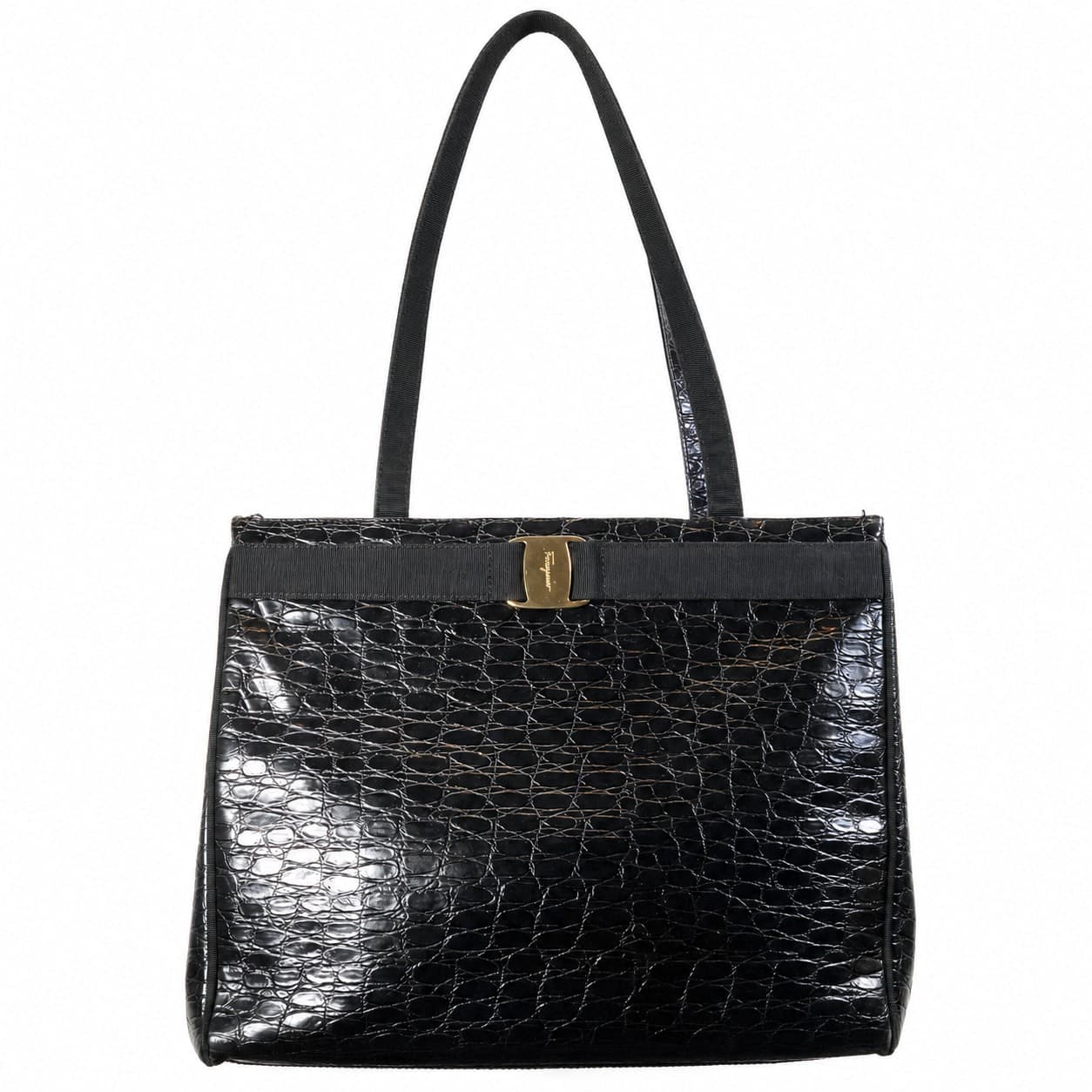 Salvatore Ferragamo Black Crocodile Embossed Leather Shoulder Bag Handbag Purse handbags auction on bidia.ai
