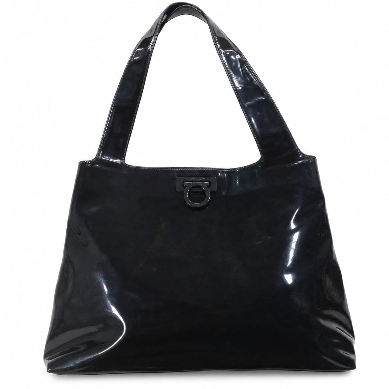 Salvatore Ferragamo Black Patent Leather Gancini Tote Shoulder Bag Handbag Purse handbags auction on bidia.ai