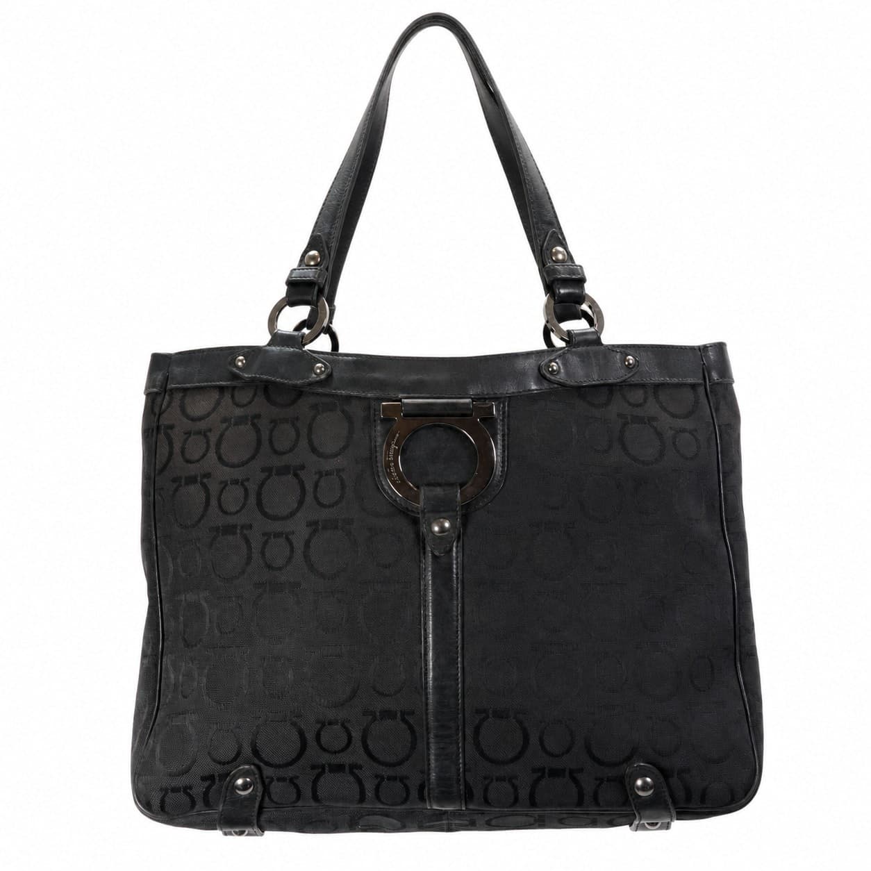Salvatore Ferragamo Gancini Black Canvas Leather Tote Shoulder Bag Handbag Purse handbags auction on bidia.ai