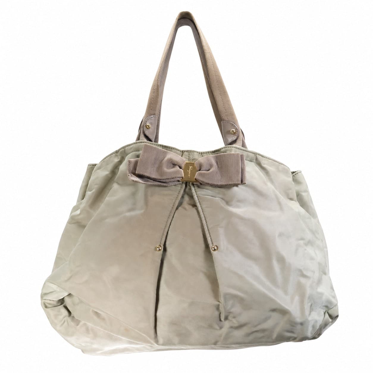 Salvatore Ferragamo Nylon Vara Bow Shoulder Bag Handbag Purse Beige Taupe handbags auction on bidia.ai