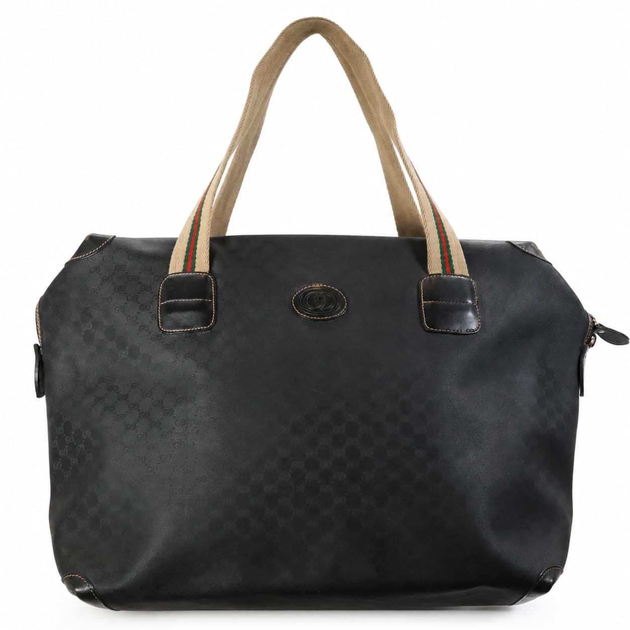 Gucci GG Monogram Canvas Tote Handbag Purse Shoulder Bag Black Leather Web Stripe handbags auction on bidia.ai