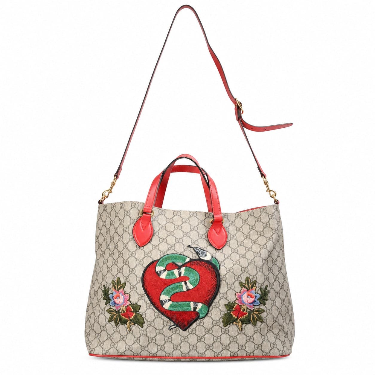 Gucci GG Supreme Embroidered Heart Snake Floral Tote Bag Handbag Purse Red Leather handbags auction on bidia.ai