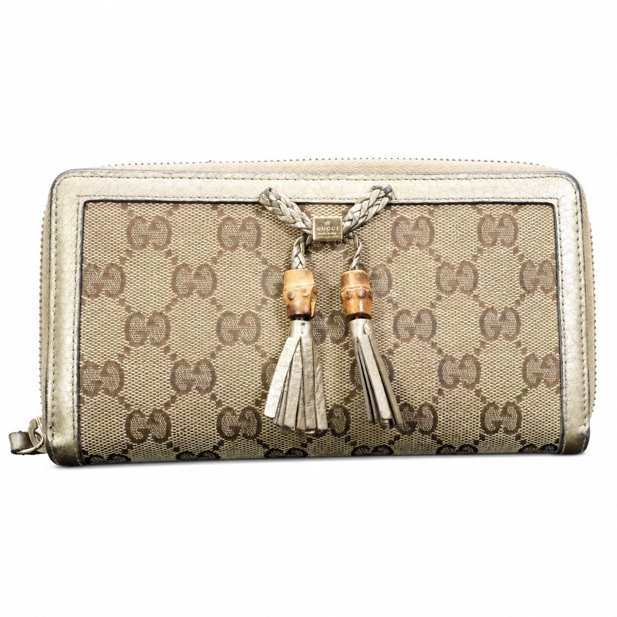 Gucci GG Canvas Bamboo Tassel Zip Around Wallet Beige Metallic Leather handbags auction on bidia.ai