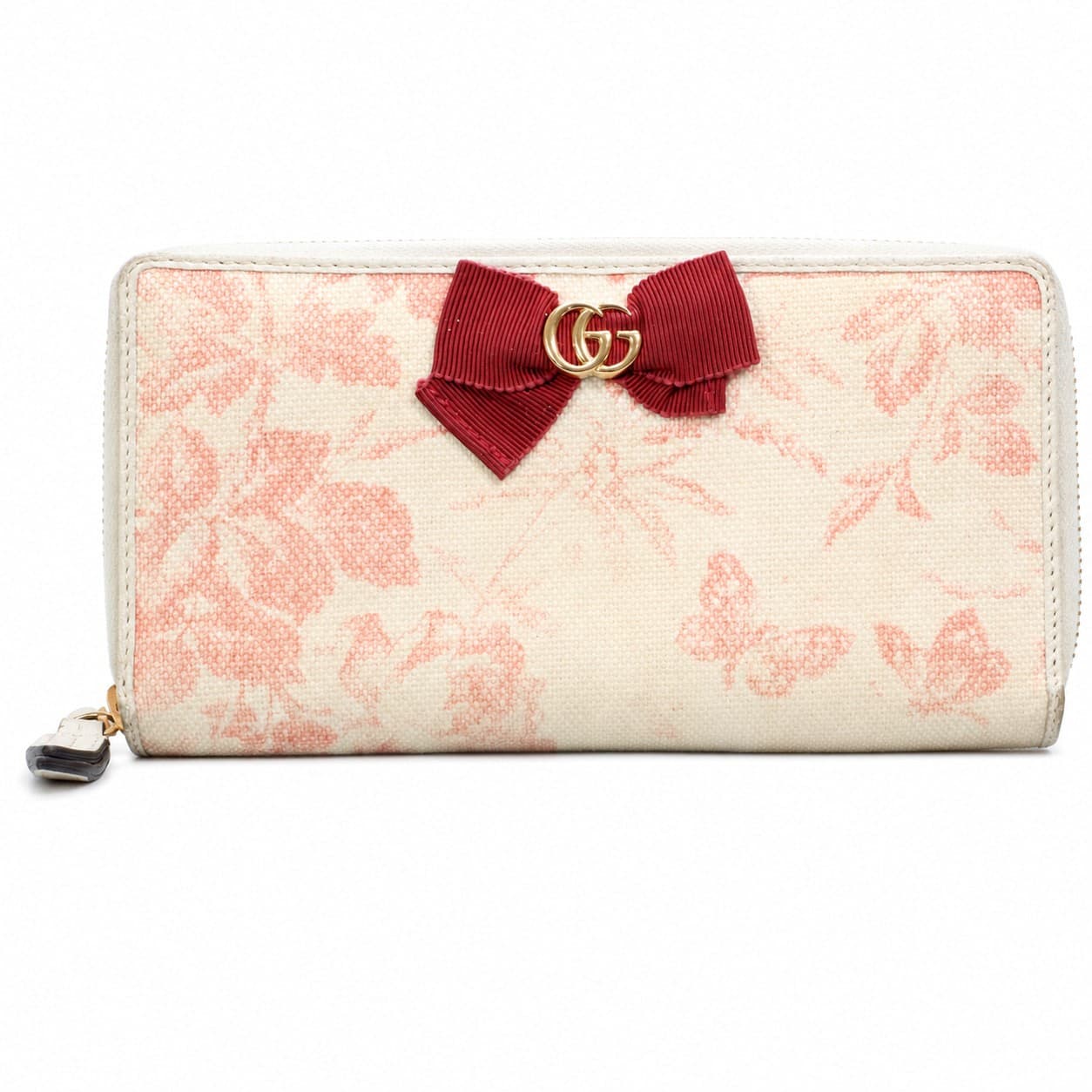 Gucci Floral Canvas Zip Around Continental Wallet Bow GG Logo Pink Cream handbags auction on bidia.ai