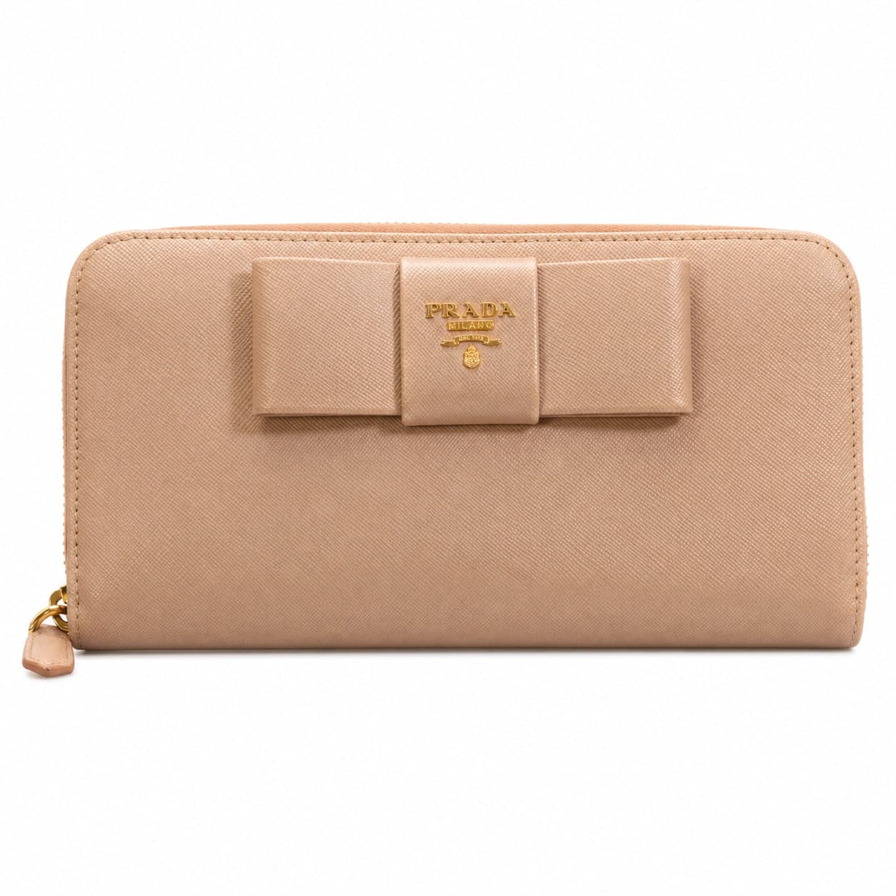 Prada Saffiano Fiocco Bow Zip Around Continental Wallet Cipria Beige Leather handbags auction on bidia.ai