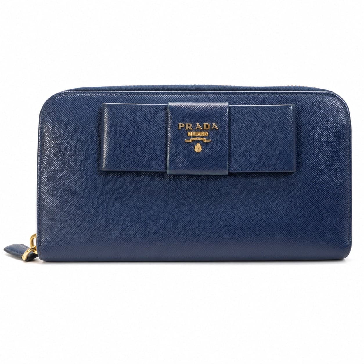 Prada Saffiano Fiocco Bow Zip Around Continental Wallet Navy Blue Leather handbags auction on bidia.ai