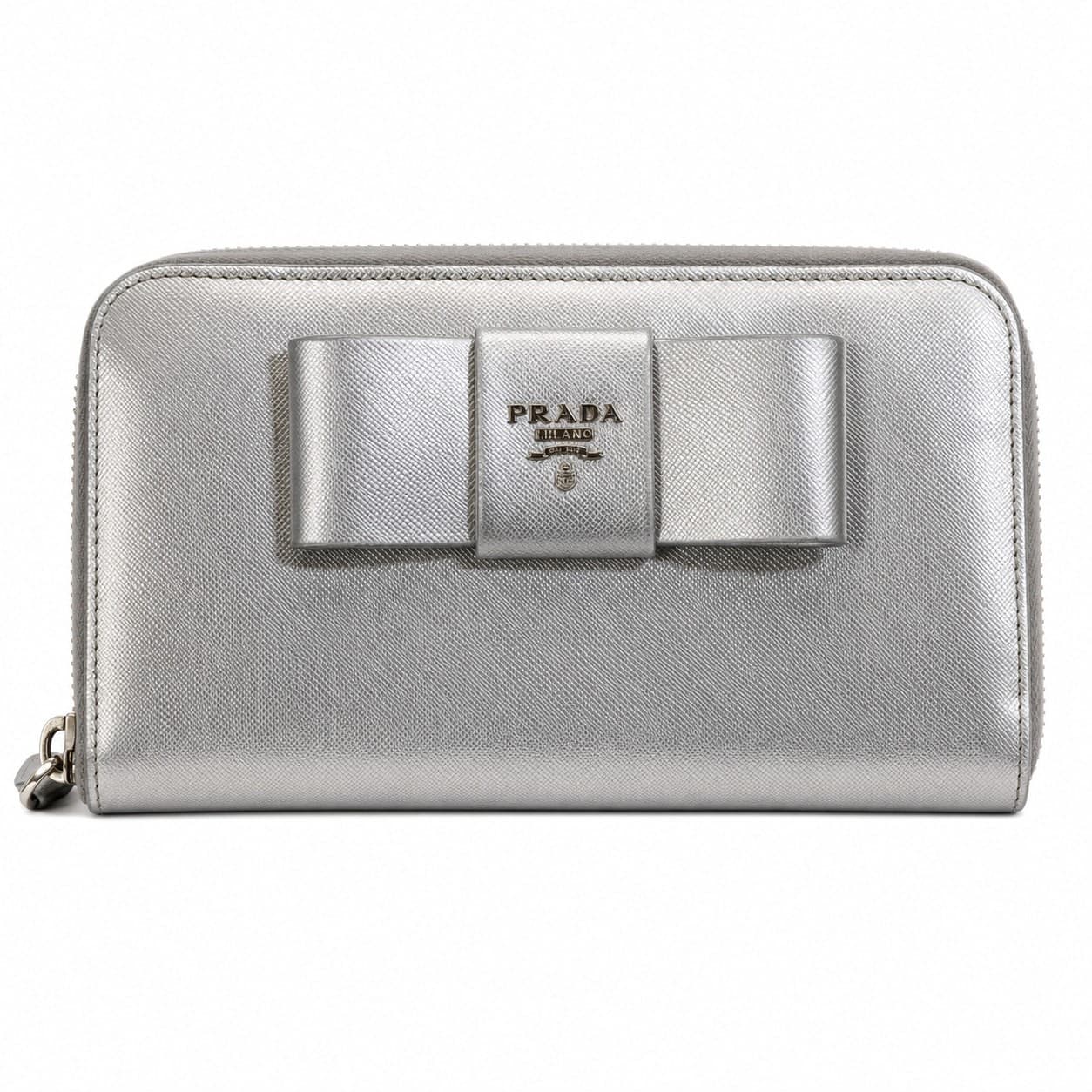 Prada Saffiano Fiocco Bow Zip Around Wallet Silver Chrome Leather 1M0506 handbags auction on bidia.ai