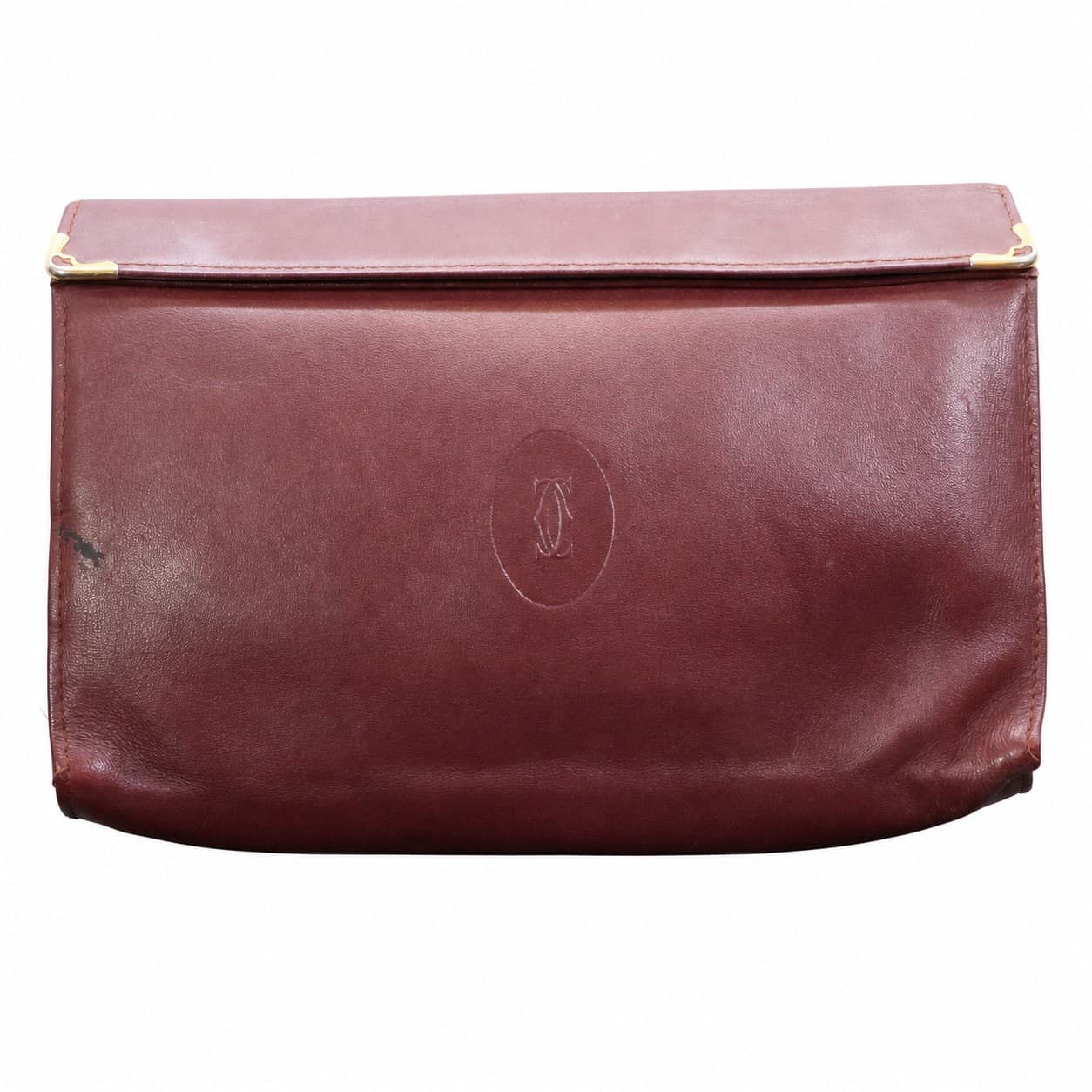 Cartier Burgundy Leather Clutch Bag Purse Handbag Gold Hardware Vintage handbags auction on bidia.ai