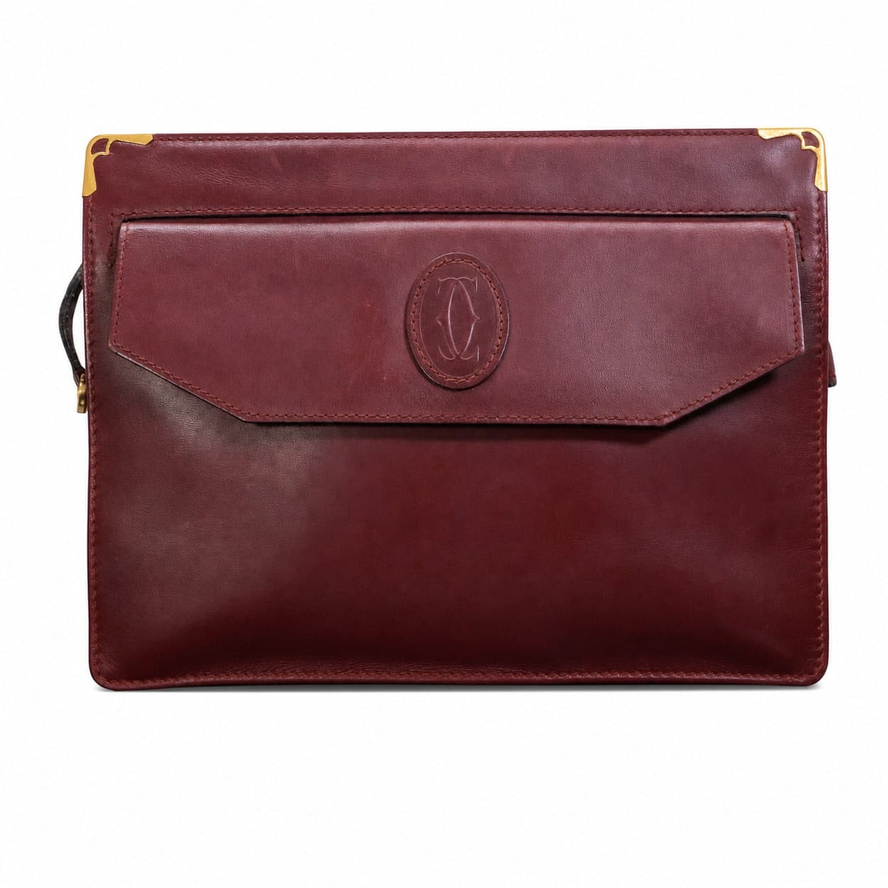 Cartier Must De Cartier Burgundy Leather Clutch Bag Handbag Purse Wristlet handbags auction on bidia.ai