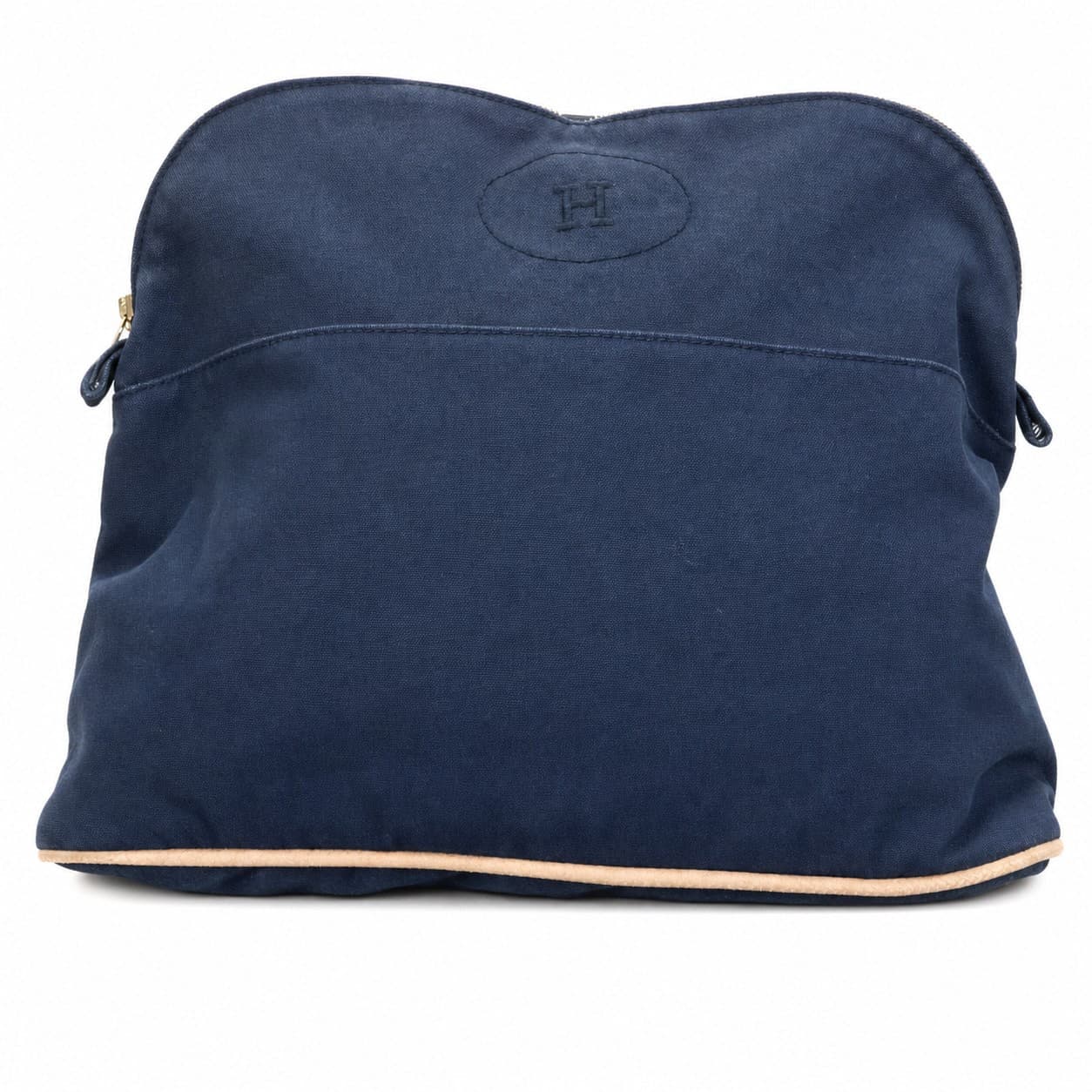 Hermès Bolide Canvas Pouch Cosmetic Bag Navy Blue Leather Trim Clutch handbags auction on bidia.ai