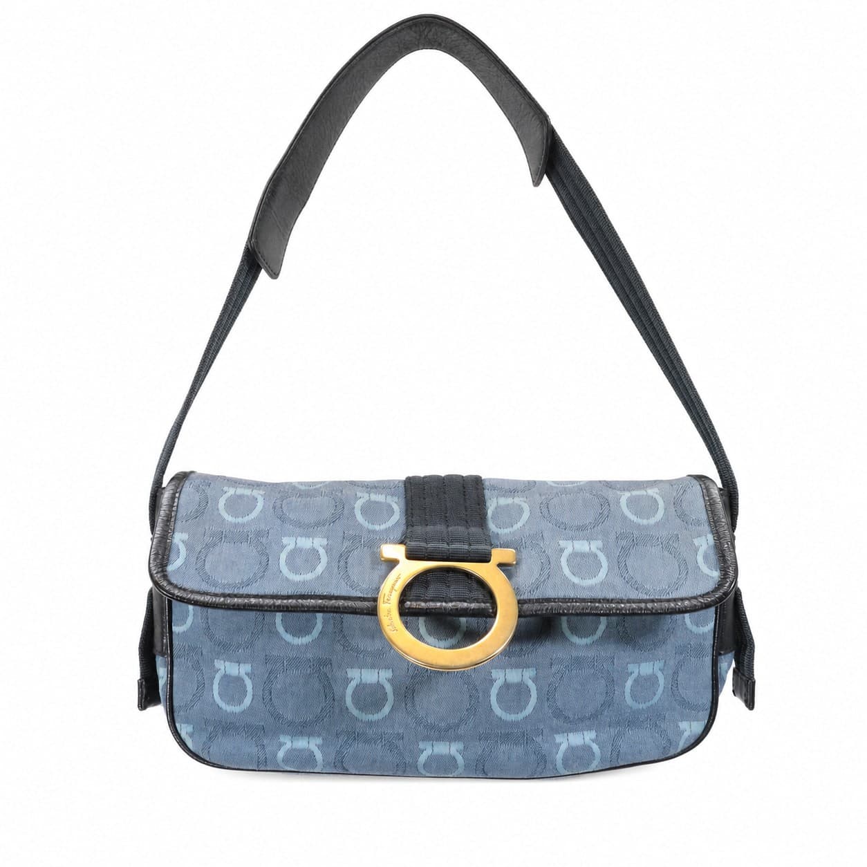 Salvatore Ferragamo Gancini Canvas Leather Blue Shoulder Bag Crossbody Handbag Purse handbags auction on bidia.ai