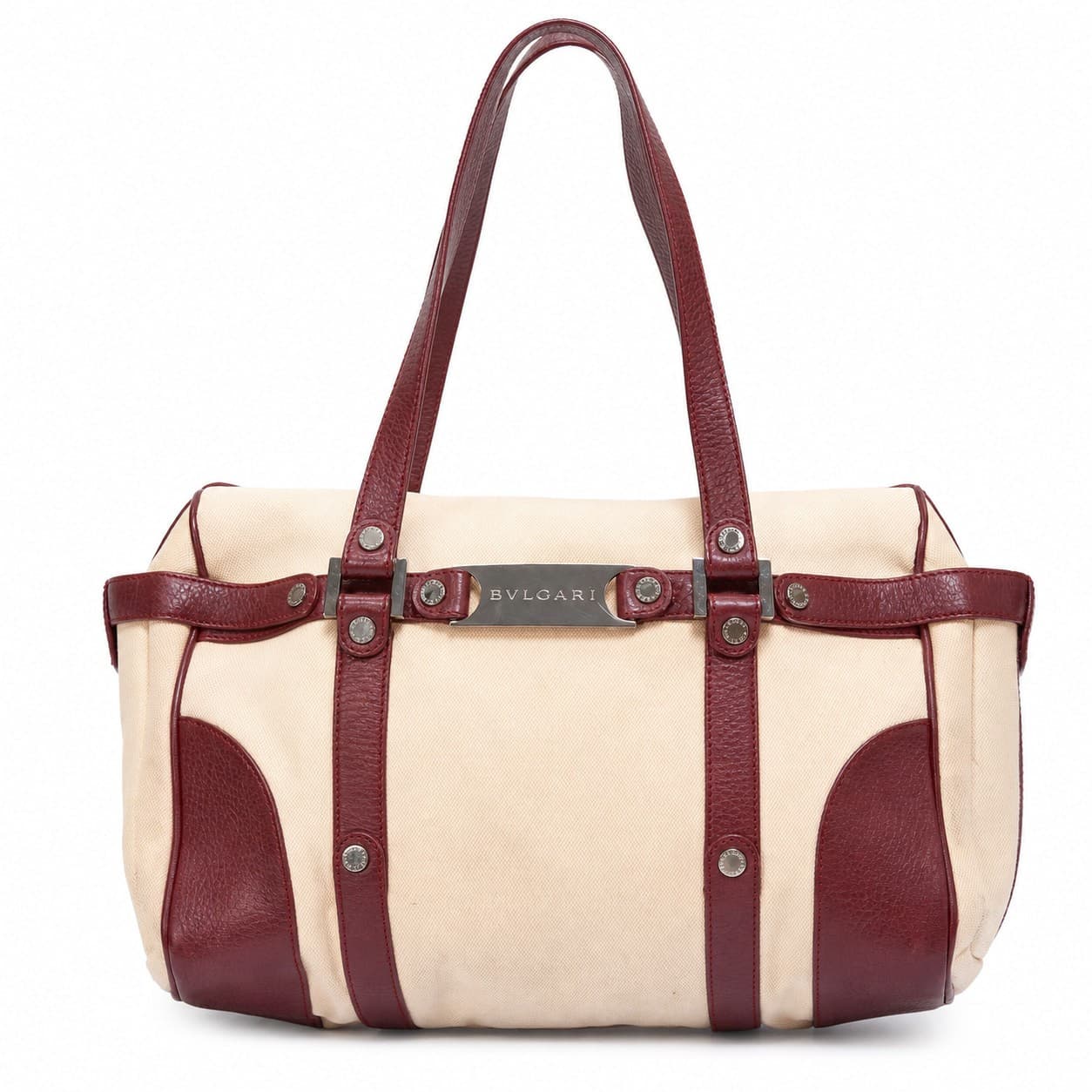Bvlgari Canvas Leather Barrel Bag Handbag Purse Shoulder Bag Beige Burgundy handbags auction on bidia.ai