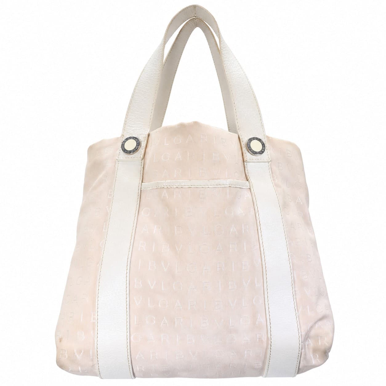 Bulgari Logomania Canvas Leather Shoulder Bag Handbag Tote Beige Cream handbags auction on bidia.ai