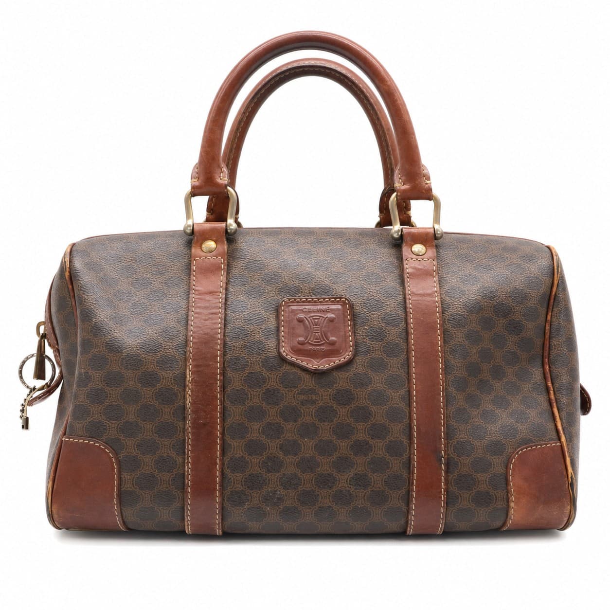 Céline Macadam Boston Bag Brown Canvas Leather Handbag Purse Satchel handbags auction on bidia.ai