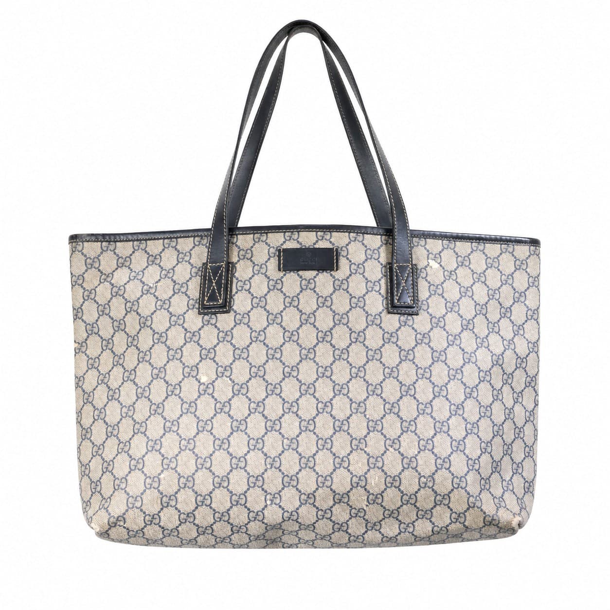 Gucci GG Canvas Tote Bag Handbag Purse Beige Navy Blue Leather Trim handbags auction on bidia.ai