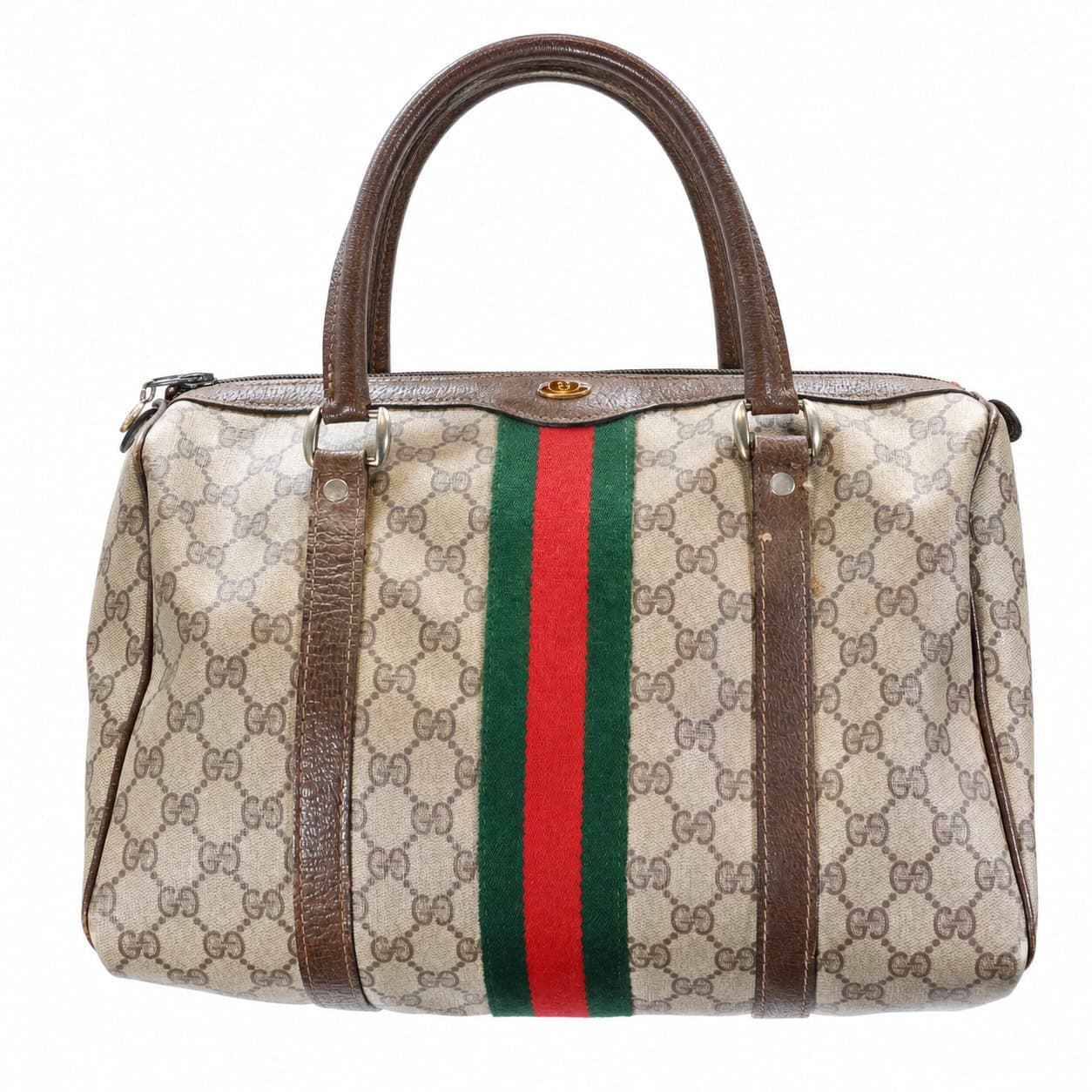 Gucci Vintage Web GG Supreme Canvas Boston Bag Handbag Purse Brown Beige handbags auction on bidia.ai