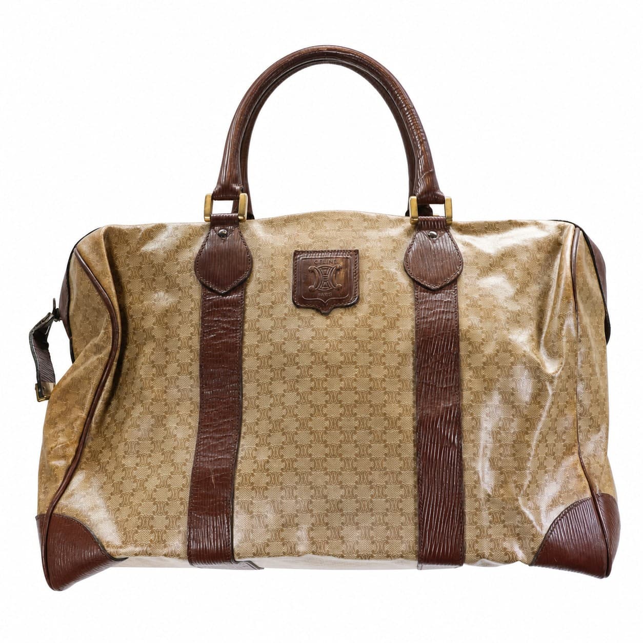 Céline Macadam Boston Bag Handbag Duffle Canvas Leather Brown Beige handbags auction on bidia.ai