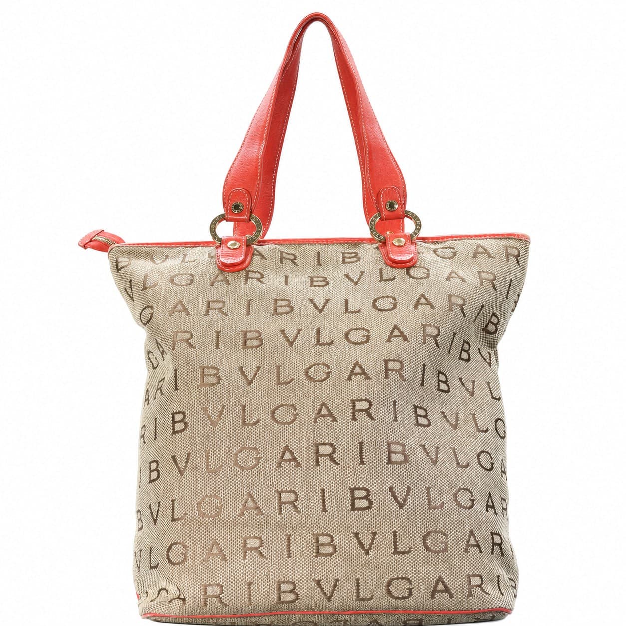 Bulgari Logomania Canvas Leather Tote Bag Handbag Shoulder Bag Beige Coral handbags auction on bidia.ai